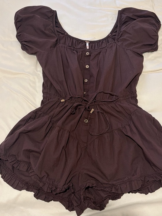 Free People Pants - Free People Dark Brown Puff-Sleeve Romper